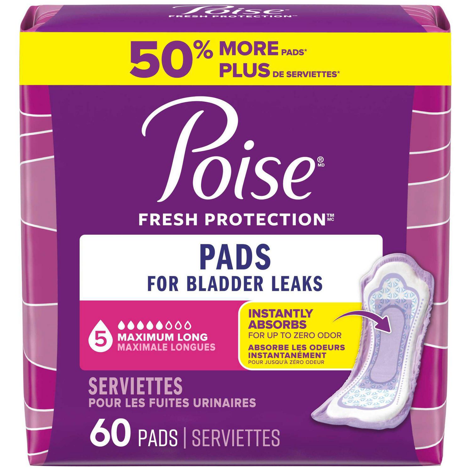 Poise Incontinence Pads & Postpartum Incontinence Pads, 5 Drop Maximum Absorbency, Long Length, 60 Count