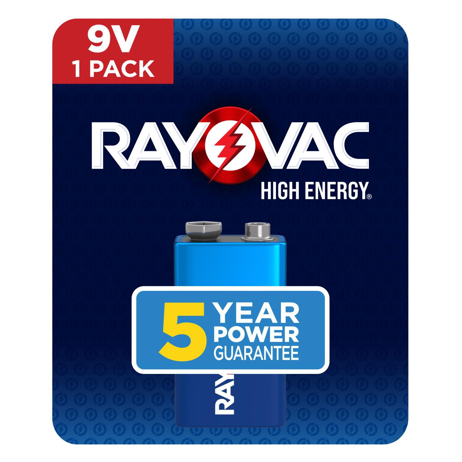 Rayovac High Energy 9V Batteries (1 Pack) front-facing close-up of a single Rayovac alkaline 9V battery in retail packaging with visible RAYOVAC branding and label text, noting long-lasting performance and designed to help prevent damaging leaks, ideal for smoke detectors, wireless microphones and high-powered toys, packaging may vary, plain white background.