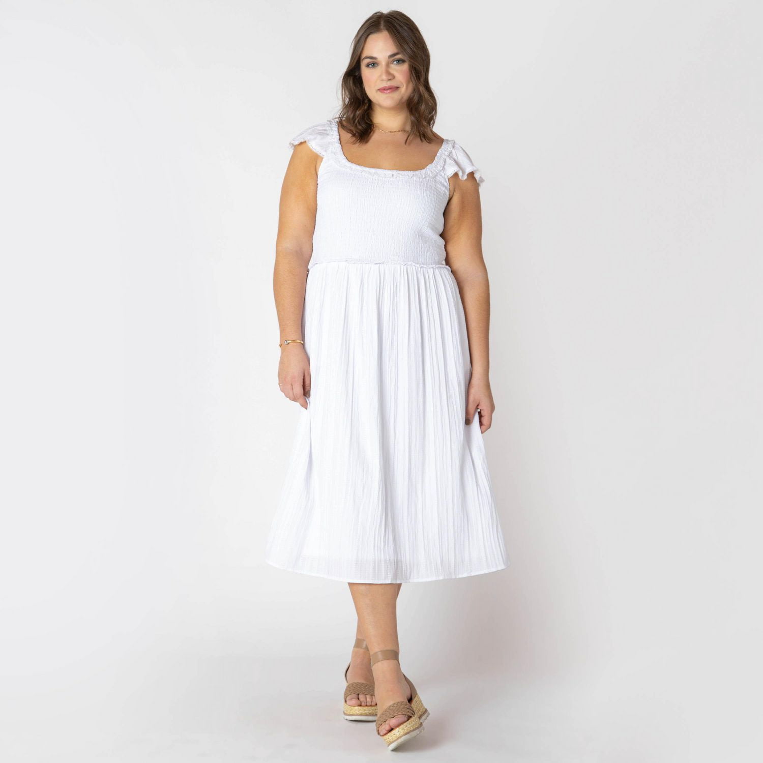 Devoted Women’s Plus size sleeveless midi dress with shoulder ruffle