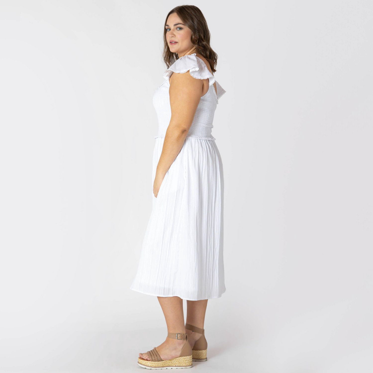 Devoted Women’s Plus size sleeveless midi dress with shoulder ruffle