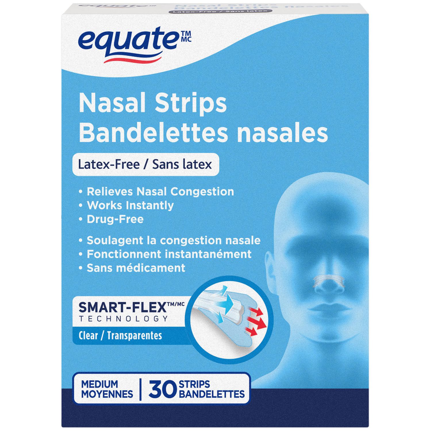 Bandes nasales Equate (couleur chair), soulagement de la congestion sans médicament, grande taille, boîte de 30