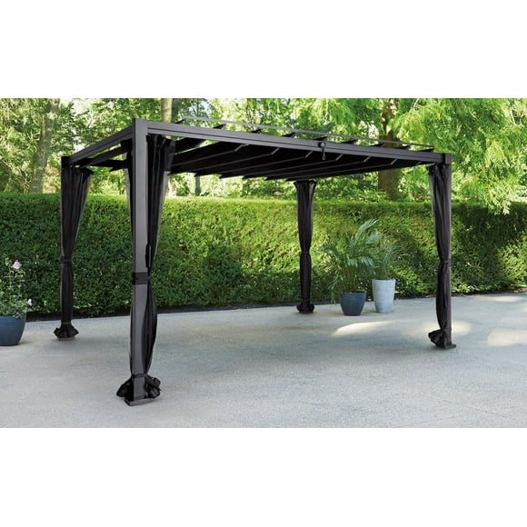 HOMETRENDS 8 ft. x 10 ft. Steel & Aluminum Louvered Pergola - Black, UV & fade-resistant sling fabric