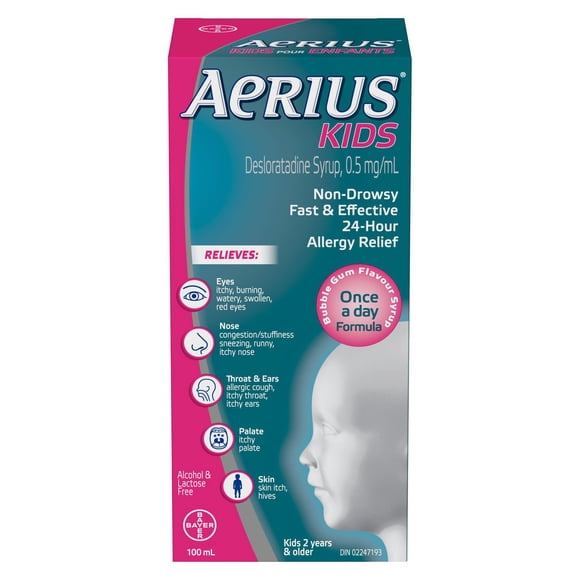 AERIUS Kids, Allergy Medicine, 24-Hour Non-Drowsy Relief Syrup, 15 Symptoms, Bubblegum Flavour
