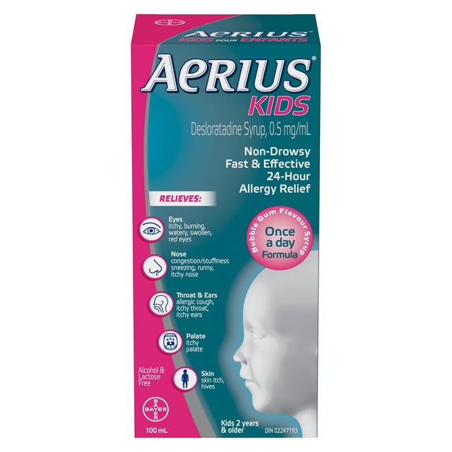 AERIUS Kids, Allergy Medicine, 24-Hour Non-Drowsy Relief Syrup, 15 Symptoms, Bubblegum Flavour