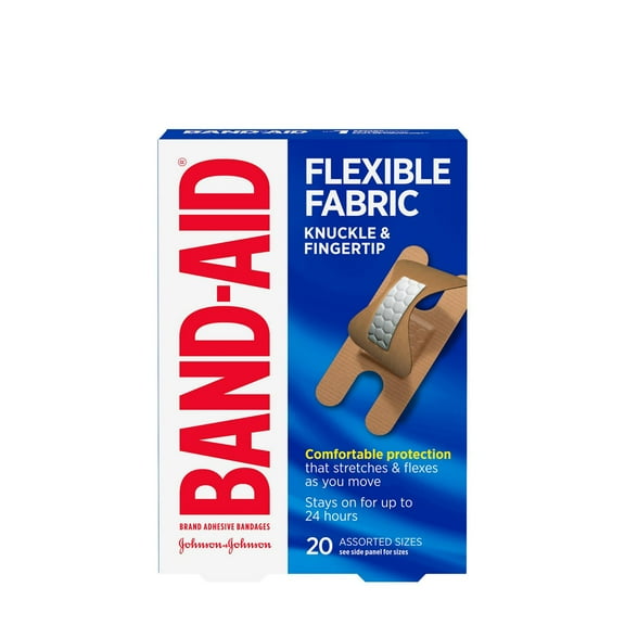 BAND-AID® Brand Flexible Fabric Knuckle and Fingertip Adhesive Bandages, for Wound Care, Assorted Sizes, 20 Count