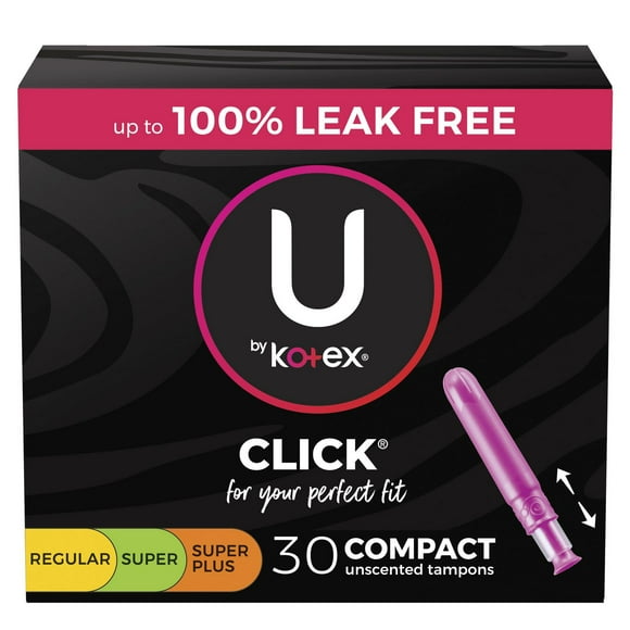 U by Kotex Click Compact Multipack Tampons, Regular/Super/Super Plus, Unscented, 30 Count