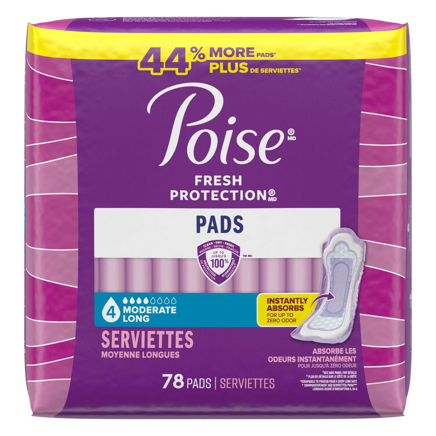 Serviettes d’incontinence Poise pour femmes, absorption modérée en 4 gouttes, longueur longue, 78 unités POISE MOD ABSB PAD BULK LNG 78