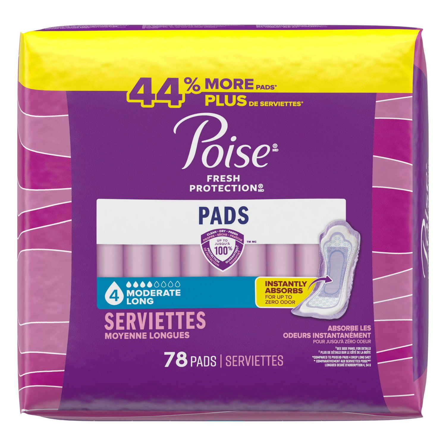 Serviettes d’incontinence Poise pour femmes, absorption modérée en 4 gouttes, longueur longue, 78 unités POISE MOD ABSB PAD BULK LNG 78