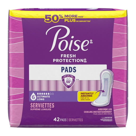 Poise Incontinence Pads for Women, 6 Drop Ultimate Absorbency, Long Length, 42 Count