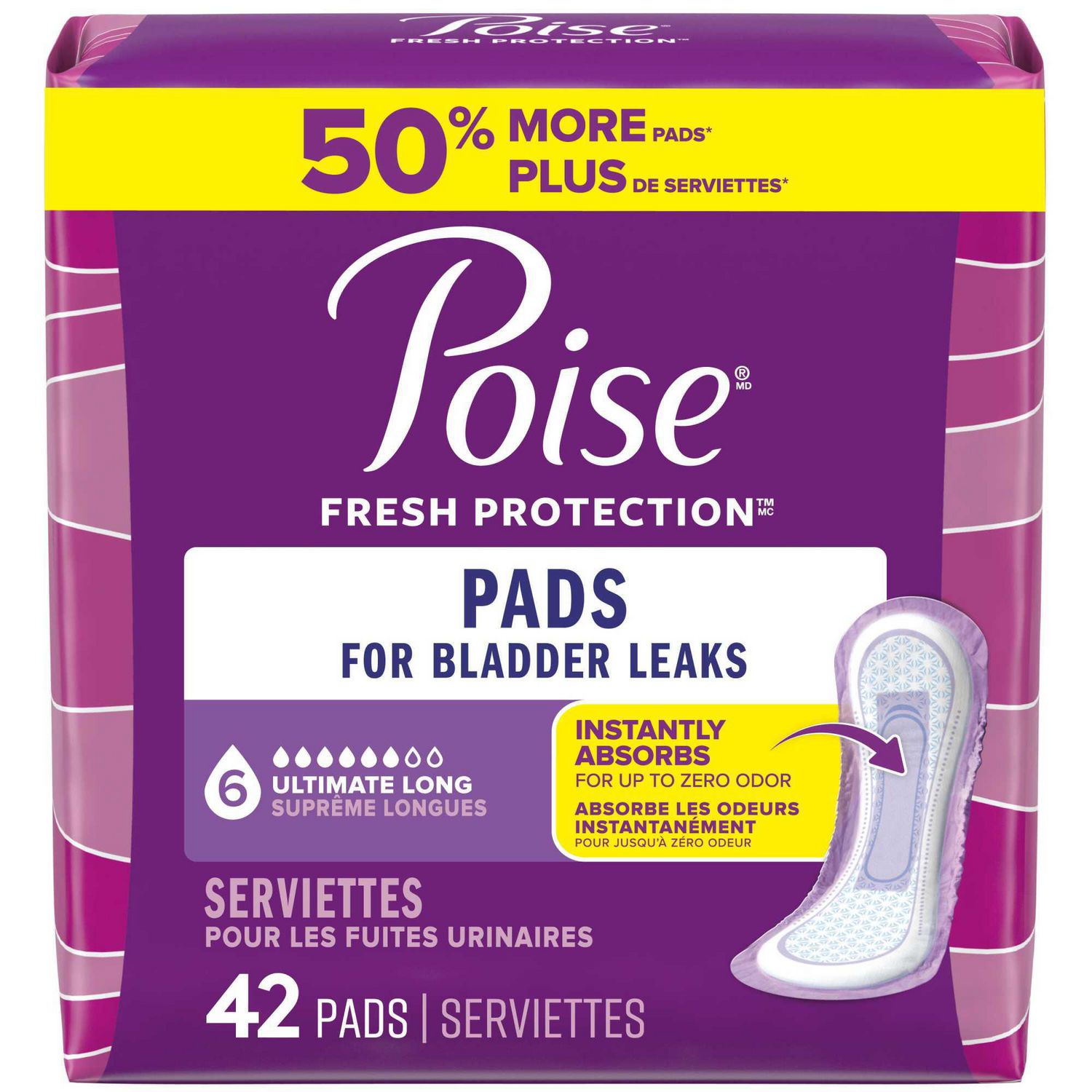 Poise Incontinence Pads for Women, 6 Drop Ultimate Absorbency, Long Length, 42 Count