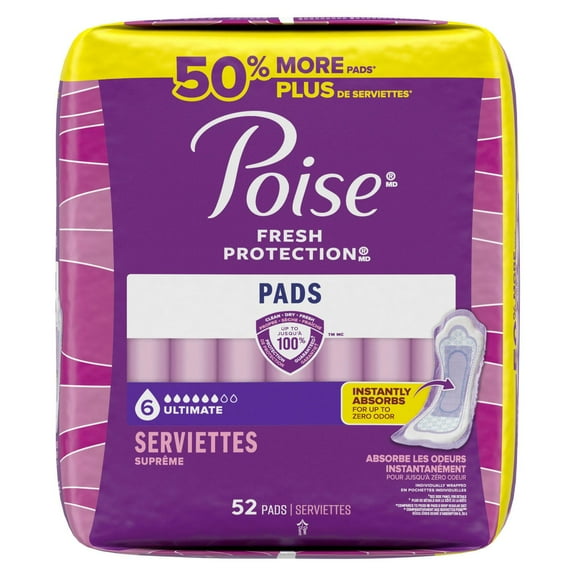 Poise Incontinence Pads for Women, 6 Drop Ultimate Absorbency, Regular Length, 52 Count