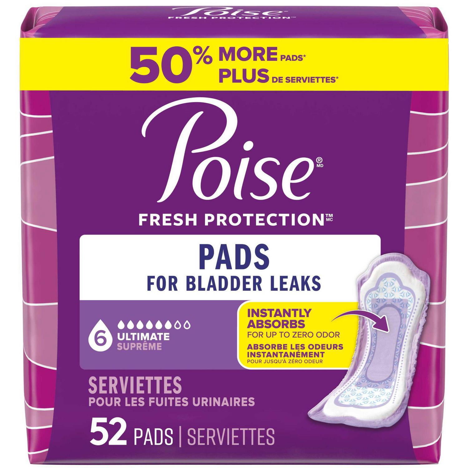 Poise Incontinence Pads for Women, 6 Drop Ultimate Absorbency, Regular Length, 52 Count