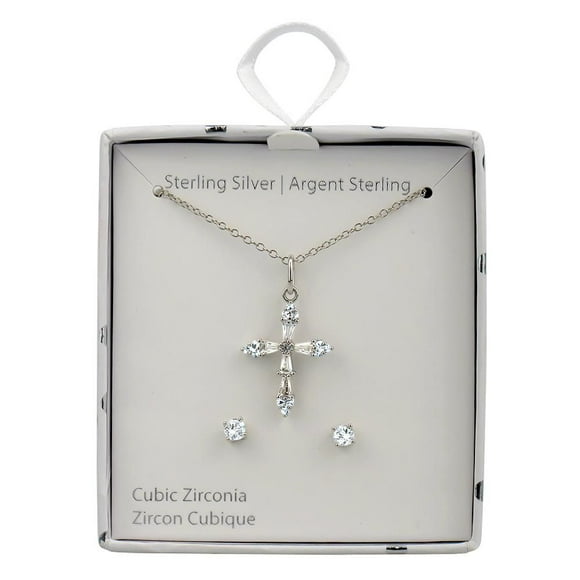 Luxury Designs Sterling Silver Cubic Zirconia Cross and Earring Set