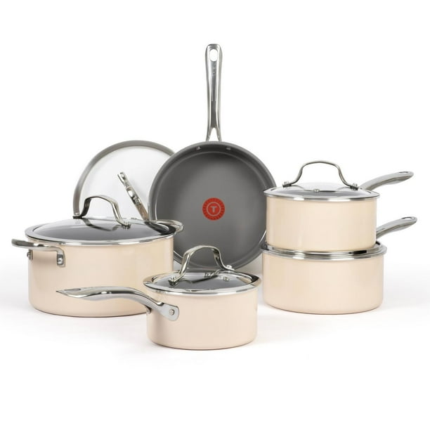 T-fal Excellence Ceramic 10PC Cookware Set, Cream, Ceramic Non-Stick ...