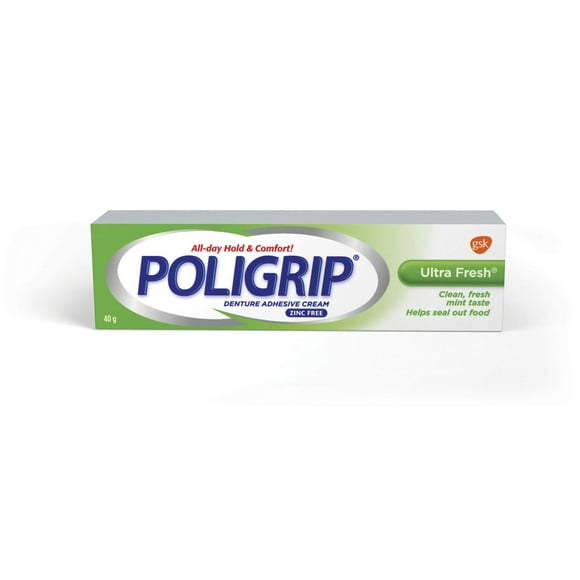 Poligrip Ultra Fresh Denture Adhesive Cream, Zinc Free, 40 Grams, 40 g