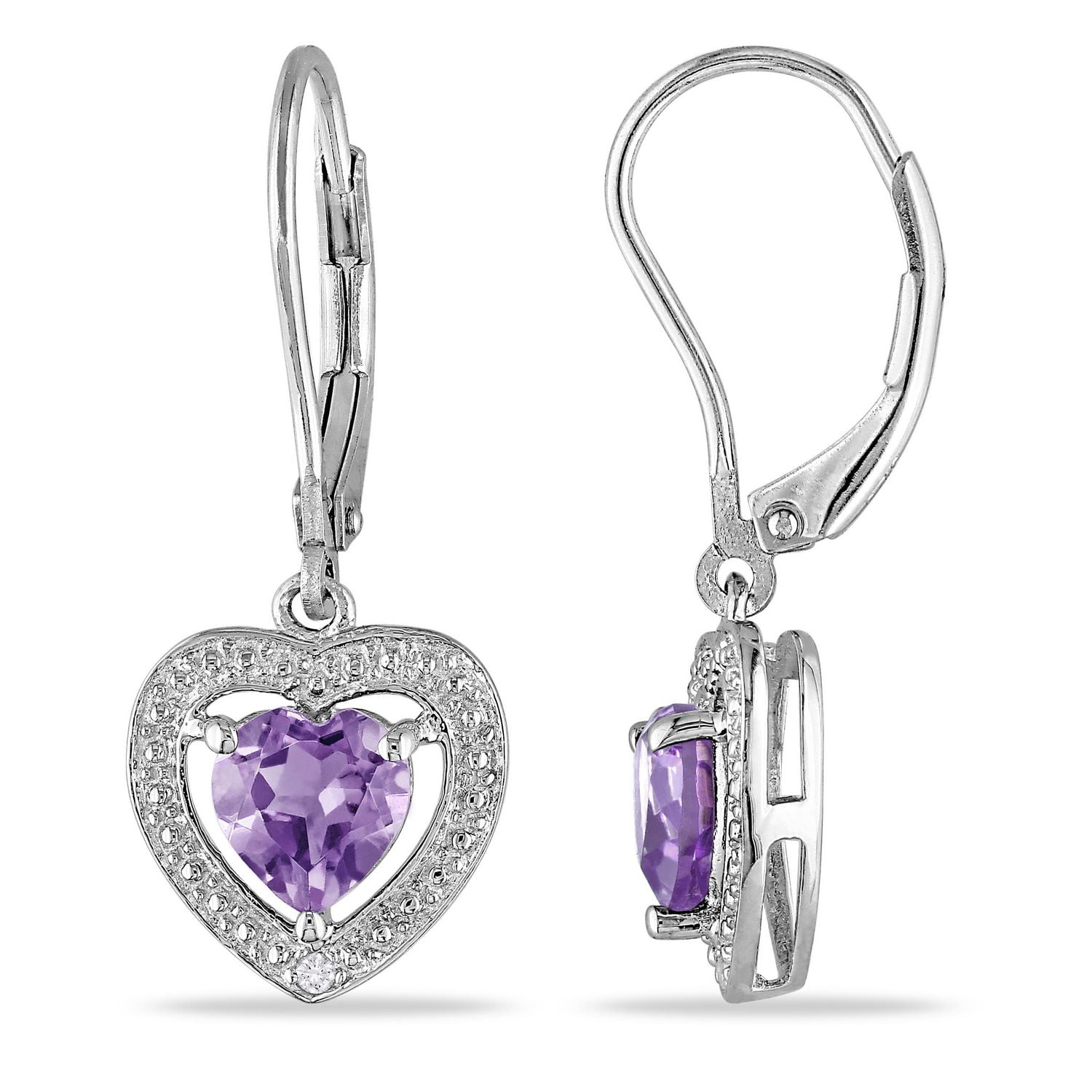 Tangelo 1.10 Carat T.G.W. Amethyst and Diamond Accent Sterling Silver Dangle Heart Earrings