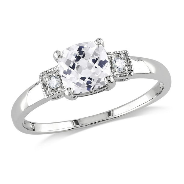 Bague de fiançailles Miabella avec 1.25 carat de saphir blanc synthétique de coupe coussin et diamant en argent sterling