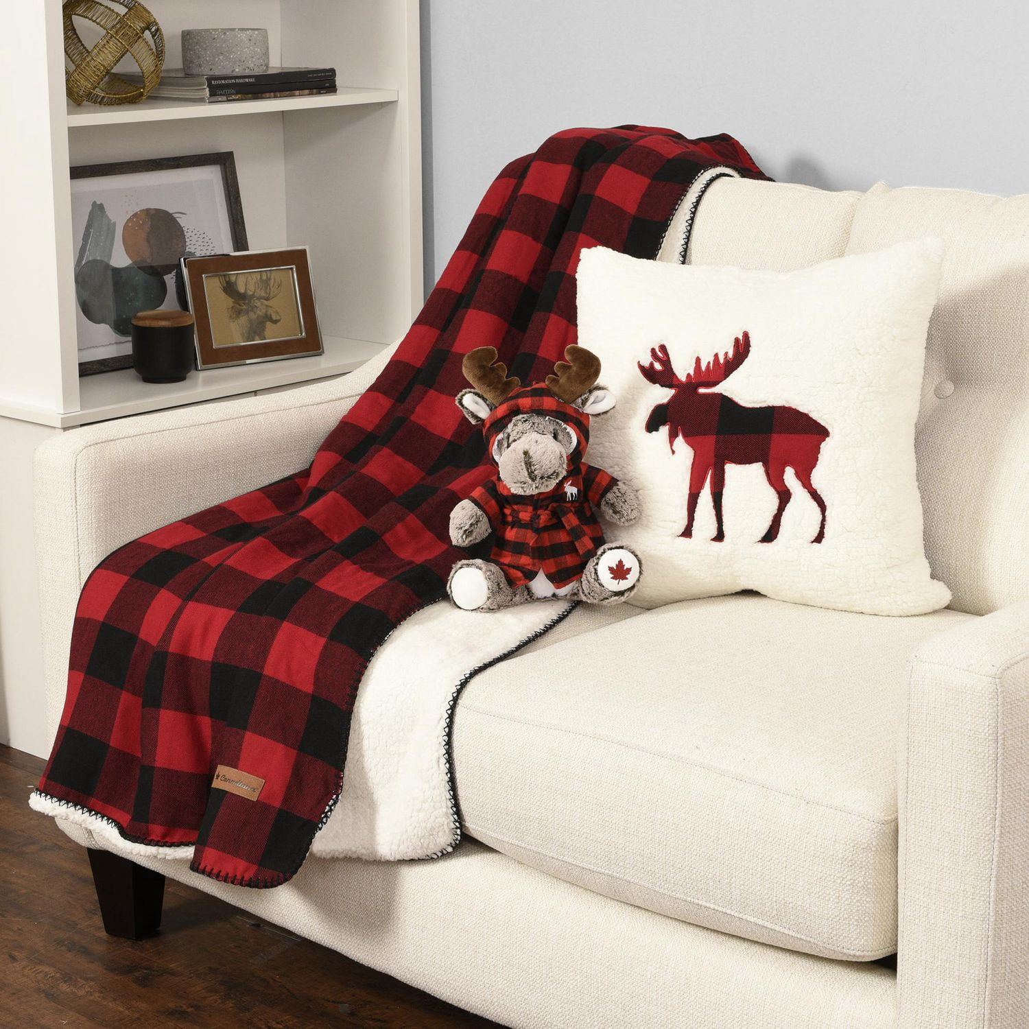 Sherpa Pillow with Moose Applique Reverse Buffalo Plaid Print by Canadiana