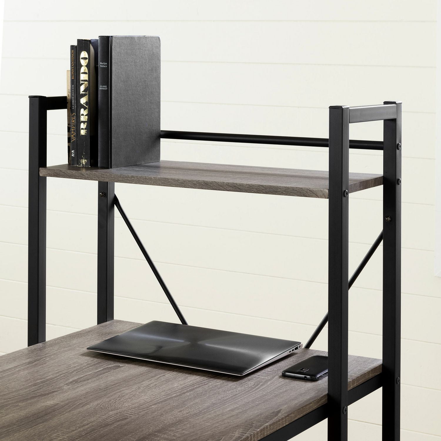 south shore evane industrial desk with bookcase