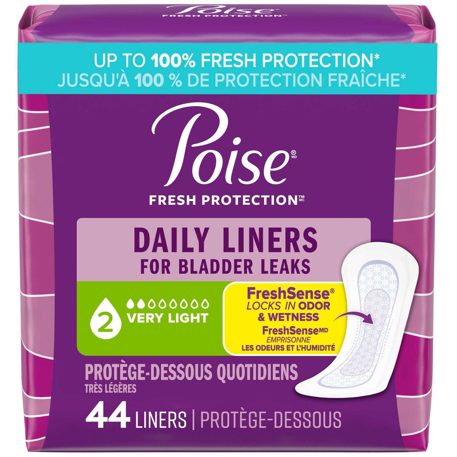 Poise Daily Incontinence Panty Liners, 2 Drop Very Light Absorbency, Regular, 48 Count retail pack front view with white and teal Poise logo and 48-count badge; shows thin panty-liner silhouette and on-pack callouts for FreshSense odour control, 2-drop very light absorbency and ultra-absorbent protection for light bladder leaks and postpartum use, suitable for discreet daytime wear.