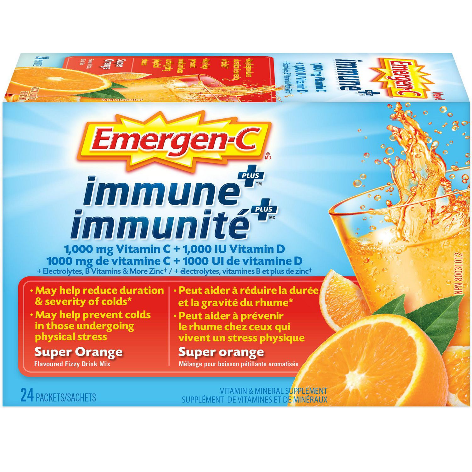 Emergen-c Super Orange Immune+, 1000 mg de vitamine C/B, supplément minéral, 24 unités