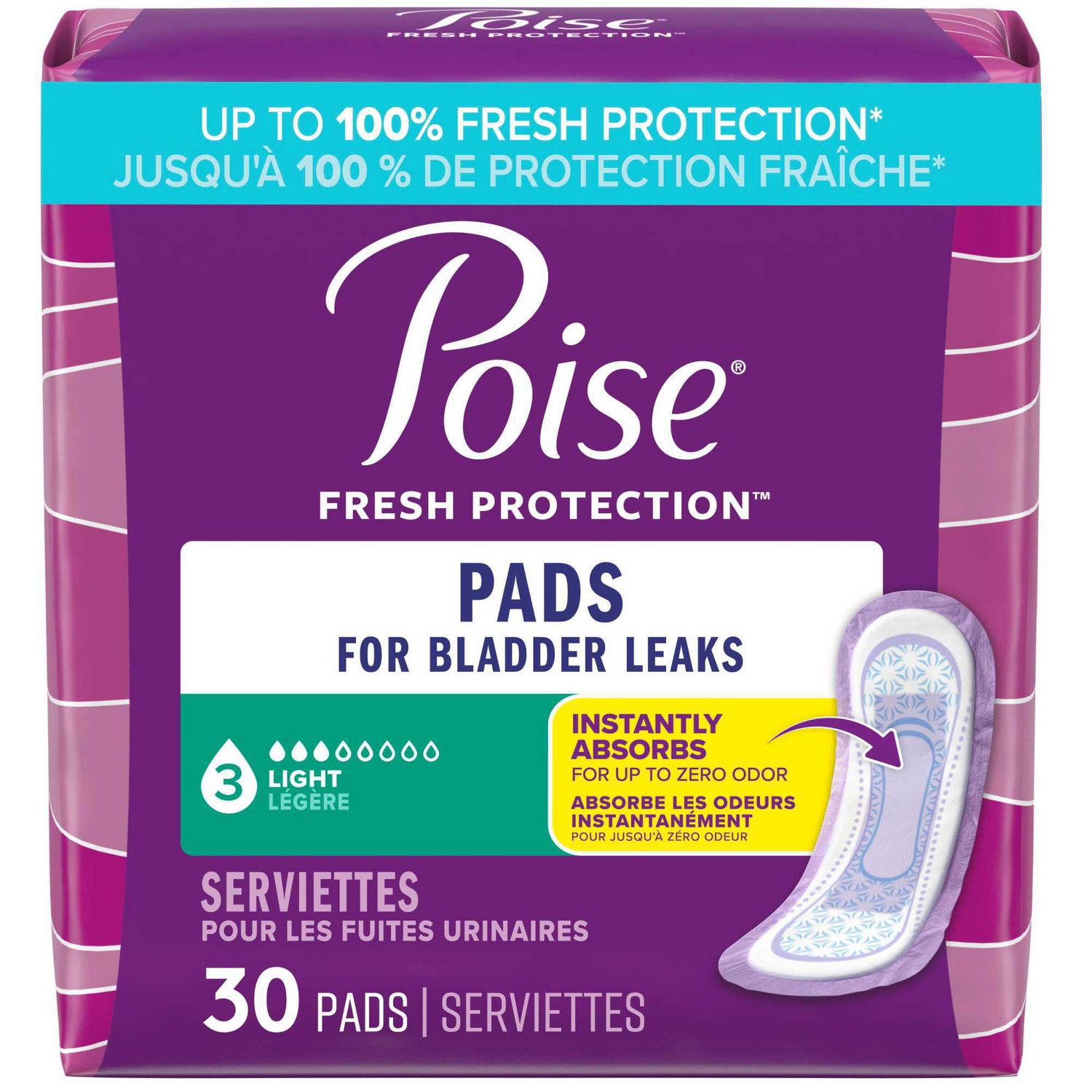 Poise Incontinence Pads for Women, 3 Drop Light Absorbency, Regular Length, 30 Count