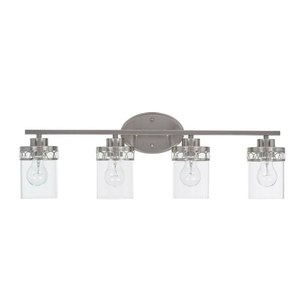 Éclairage pour meuble-lavabo Cresswell à 4 lumières nickel brossé avec abat-jour transparents