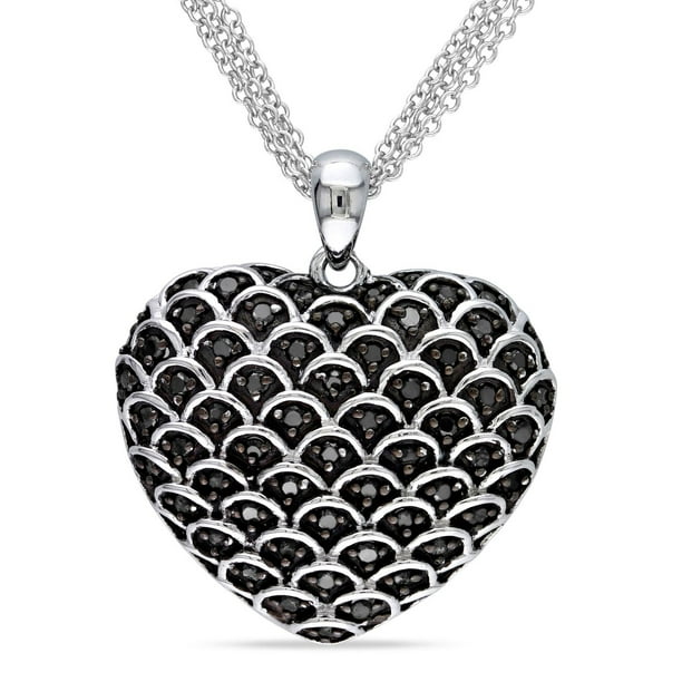 Collier en forme de cœur avec diamants noir 1 ct TW en argent sterling, 17 pouces en longueur