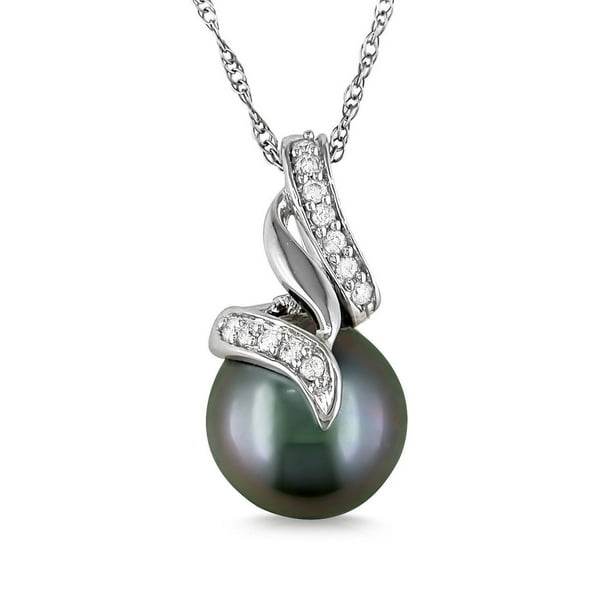 Pendentif à motif de tourbillon avec perle tahitienne noire ronde 9.5-10 mm et accent de diamants en or blanc 10k, 17 pouces en longueur