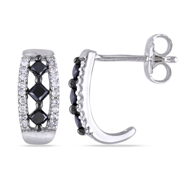 Boucles d'oreilles à trois pierres avec diamants noir et blanc 0.50 ct de coupe princesse et ronde en argent sterling
