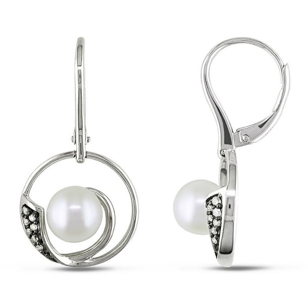Miabella Boucles d'oreilles avec perles d'eau douce blancshes de culture 7-7.5 mm et accent de diamants en argent sterling