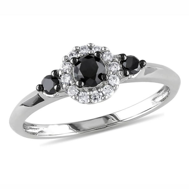 Bague de fiançailles à trois pierres de style halo Miadora en diamants noirs et blancs 0,50 ct poids total en or blanc 10K