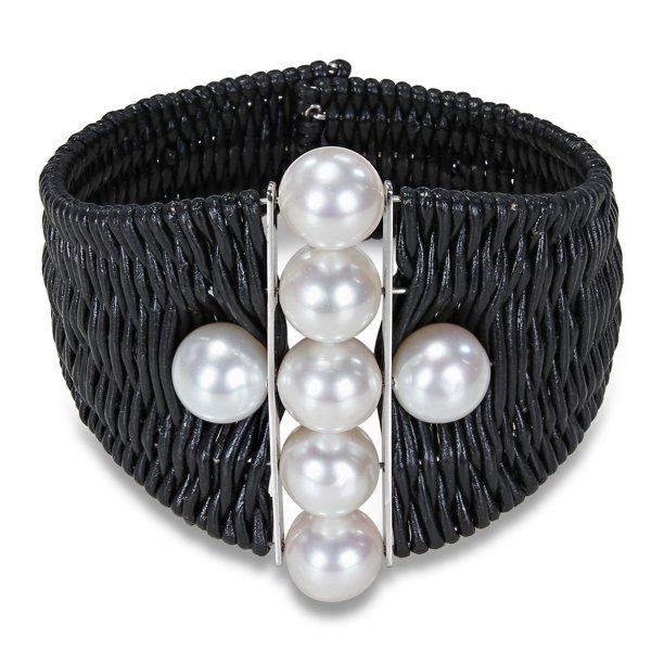 Miabella Bracelet avec perles d'eau douce blanches de culture ronde 9-10 mm en cuir et argent sterling, 7 pouces en longueur