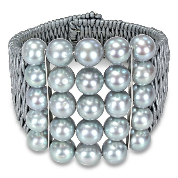 Bracelet avec perles d'eau douce grises de culture ronde 9-10 mm en cuir et argent sterling, 7 pouces en longueur