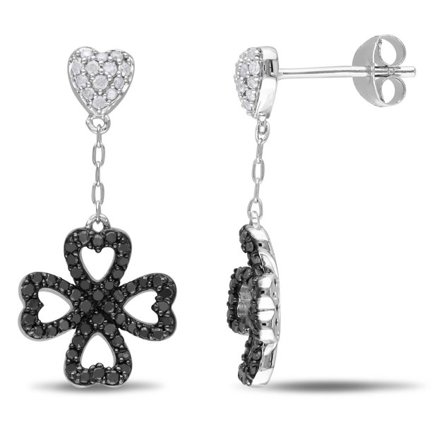 Boucles d'oreilles à motif de multi-cœur avec diamants noirs et blancs de coupe ronde 0.50 ct TW en argent sterling