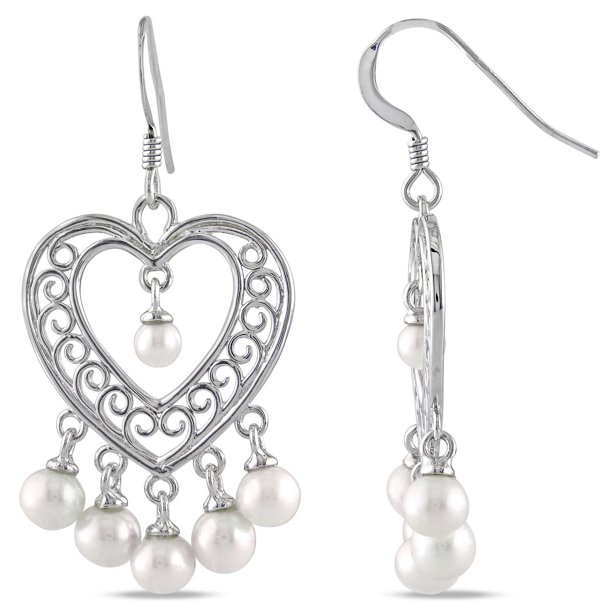 Miabella Boucles d'oreilles à motif de cœur avec perles d'eau douce de culture blanches rondes en argent sterling
