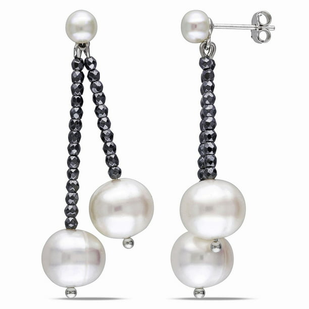 Miadora Boucles d'oreilles avec perles d'eau douce blanches de culture 5-6 mm & 10-11 mm et hématite en argent sterling