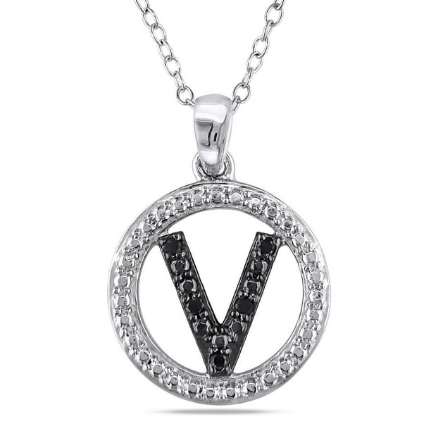 Miadora Pendentif initial "V" avec accent de diamants noirs en argent sterling, 18 pouces en longueur