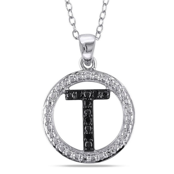Miadora Pendentif initial "T" avec accent de diamants noirs en argent sterling, 18 pouces en longueur