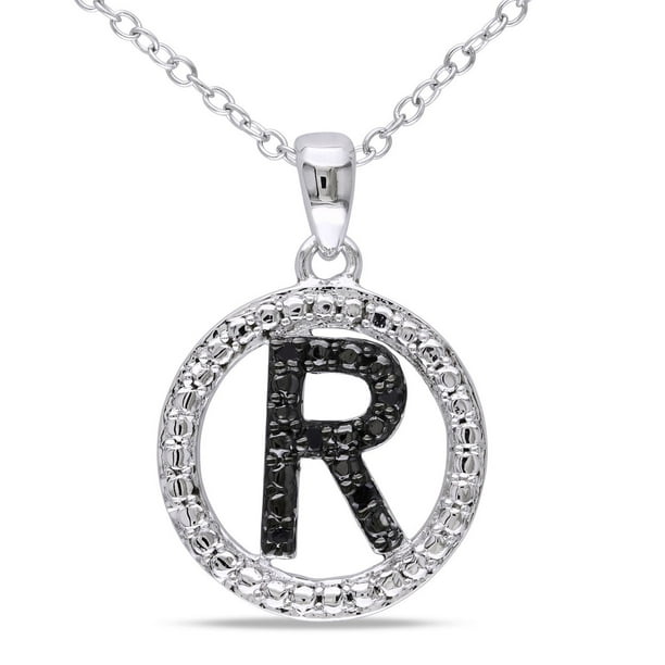 Miadora Pendentif initial "R" avec accent de diamants noirs en argent sterling, 18 pouces en longueur