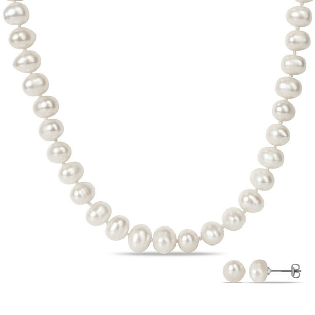Miabella Ensemble de collier et boucles d'oreilles avec perles d'eau douce blanches de culture, 18 pouces en longueur