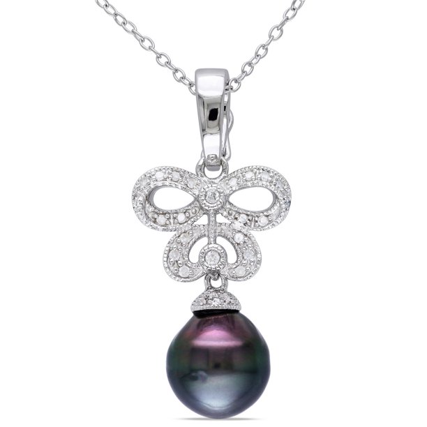Pendentif stylisé au détail miligrain avec perles tahitienne noire en forme de goutte 9-9.5 mm et diamants 0.14 ct TW en argent sterling, 18 pouces en longueur