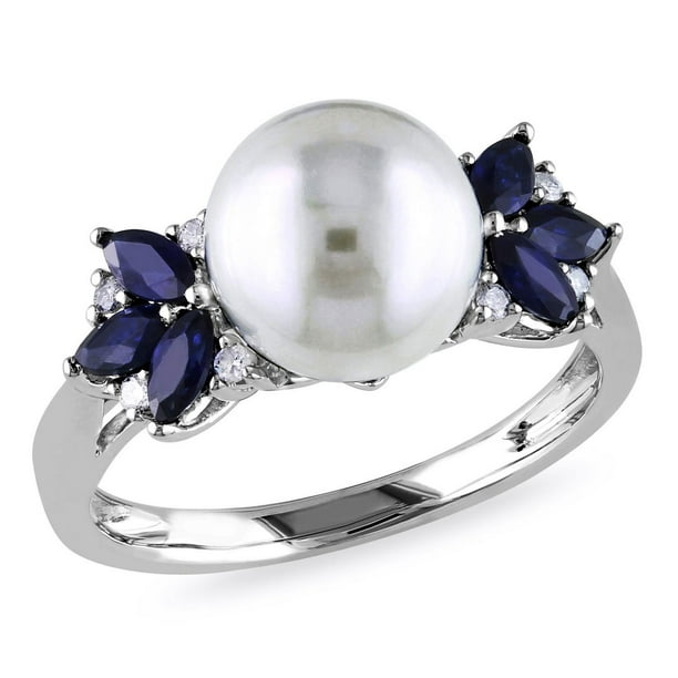 Miadora Bague stylisée avec perles d'eau douce de culture blanches rondes 9-9.5 mm, saphir bleu 0.63 ct TGW et accent de diamants en or blanc 10k