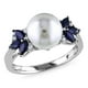 Miadora Bague stylisée avec perles d'eau douce de culture blanches rondes 9-9.5 mm, saphir bleu 0.63 ct TGW et accent de diamants en or blanc 10k – image 1 sur 4