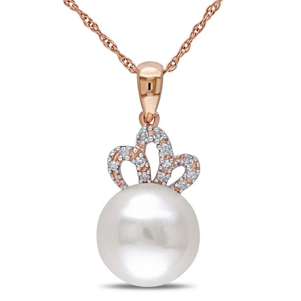 Miabella Pendentif avec perles d'eau douce blanches de culture bouton 9.5-10 mm et accent de diamants en or rose 10k, 17 pouces en longueur