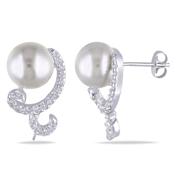 Miadora Boucles d'oreilles stylisées avec perles d'eau douce blanches de culture bouton 9-10 mm et topaze blanches en argent sterling