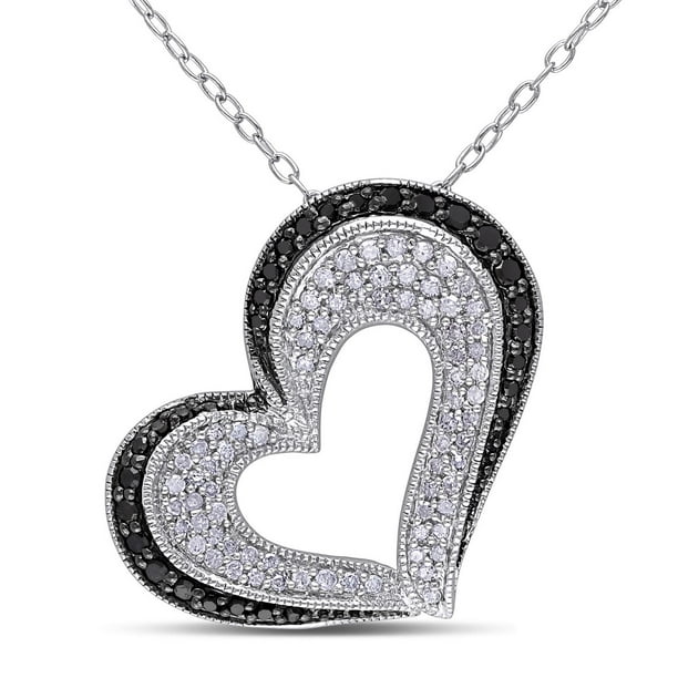 Miadora Pendentif en forme de cœur avec diamants noirs et blancs ronds 0.50 ct TW en argent sterling, 18 pouces en longueur