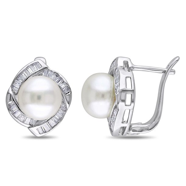 Miadora Boucles d'oreilles avec perles d'eau douce de culture blanches bouton 10-10.5 mm et zircons cubiques 0.88 ct TGW en argent sterling