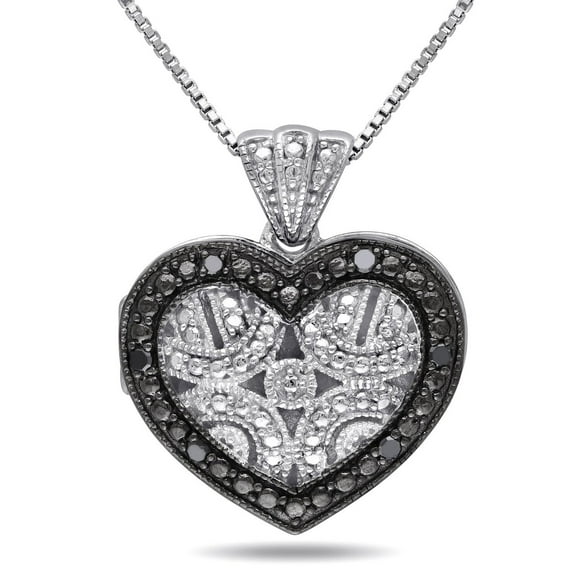 Asteria Black Diamond-Accent Sterling Silver Heart Locket Pendant; 18"
