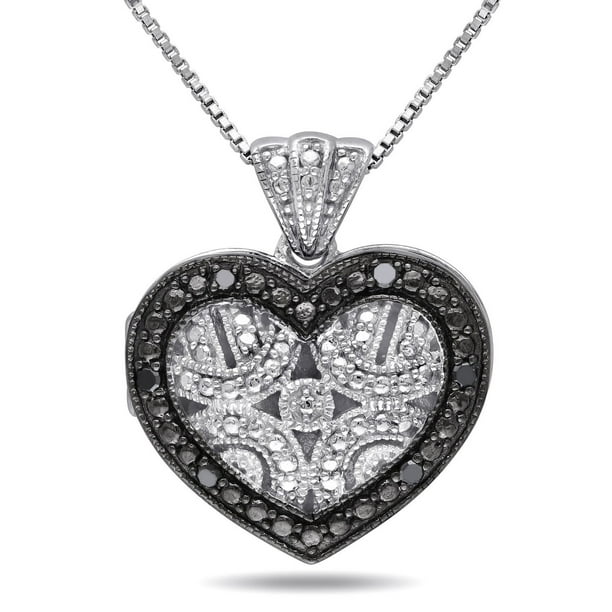 Pendentif à loquet en forme de cœur Asteria avec diamants noirs en argent sterling, 18 pouces en longueur